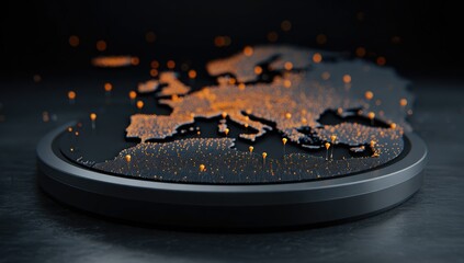 Digital Europe map with illuminated points on a dark platform, blurred background