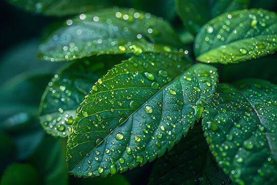 Green leaves with water drops, close-up. Nature background.
