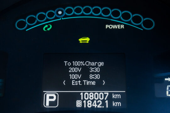 Electronic dashboard of an electric car. Battery charge level. 