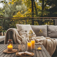 Cozy home interior with candles and knitted plaid on the balcony