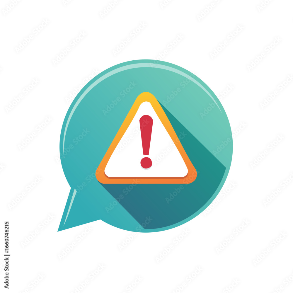 Poster exclamation point in warning triangle floating in teal speech bubble illustration