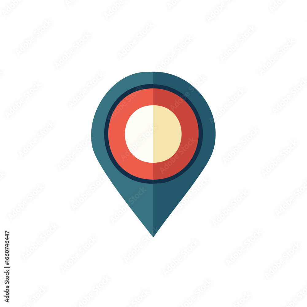Poster teal map pointer icon with red ring and white circle to designate a place or direction.