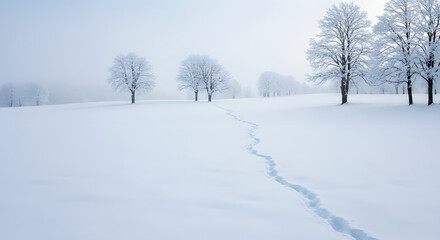 Obraz premium Winter trail of footprints in a snowy landscape
