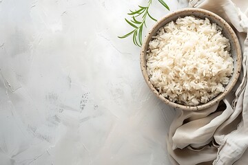 Rice in a bowl on a white marble background, top view