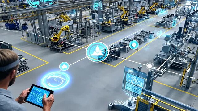 Man uses tablet overseeing robotic arms in a factory with digital overlay