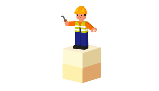 Cartoon construction worker with hard hat and wrench symbolizing labor and building safety on a white background