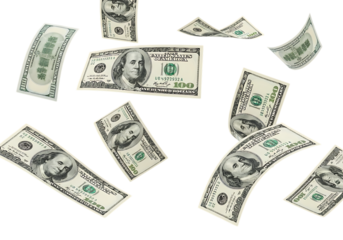Scattered us dollar bills isolated on a transparent background