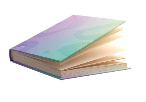 Open notebook with a colorful gradient cover isolated on transparent background