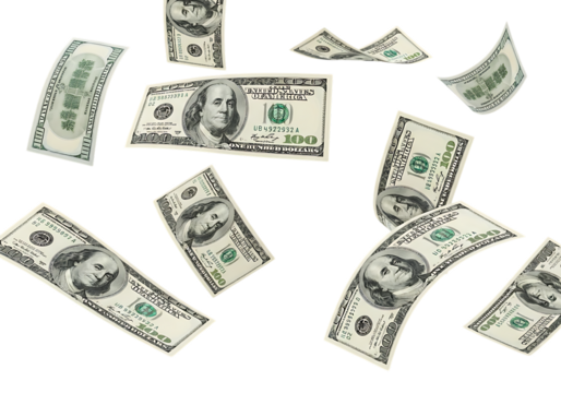 Scattered us dollar bills isolated on a transparent background