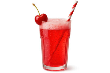 Refreshing sparkling red cherry cocktail with straw on transparent background