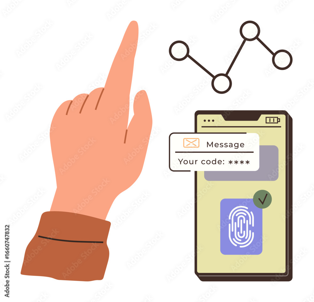 Aufkleber hand interacting with phones secure verification code and fingerprint login system, representing onl