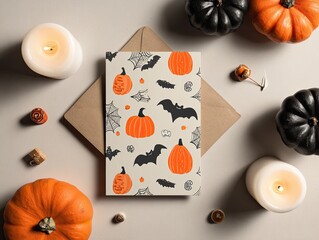 Halloween flat lay pumpkins, bats, card, candles, and envelope