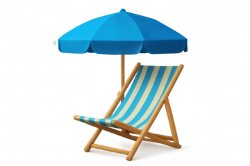 Striped deck chair nestled under blue beach umbrella, offering relaxing seaside comfort with transparent background for seamless design integration