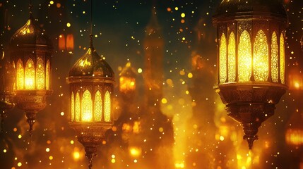 Obraz premium Artistic Islamic lanterns glowing softly, paired with an enchanting background of shimmering golden lights