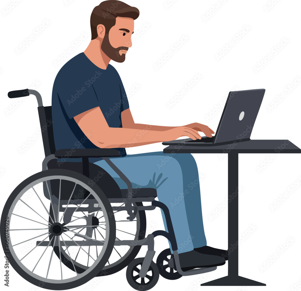 Poster man working on laptop in wheelchair at desk vector illustration for accessibility and remote work co