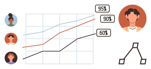 Line graph with performance metrics, four user avatars, and decision tree design. Ideal for teamwork, collaboration, data trends, performance tracking, decision-making, employee analysis simple flat