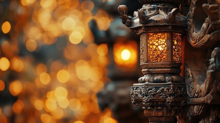 Ornately carved lanterns glowing warmly, with a dreamy backdrop of blurred golden bokeh