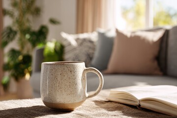 Cozy mug and book on a table near a couch in a bright, natural-lit living room