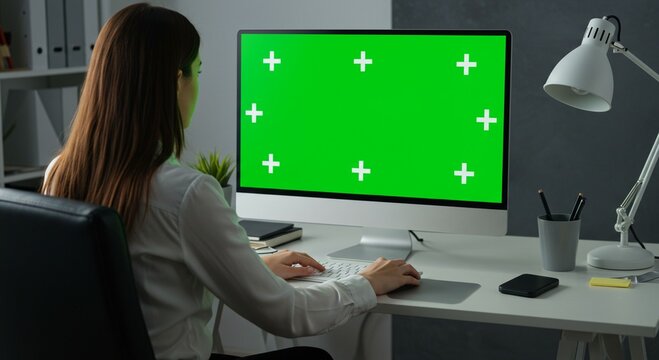 Woman working at computer with green screen
