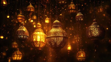 Obraz premium Traditional Islamic lanterns glowing softly, creating a magical atmosphere with shimmering golden light 