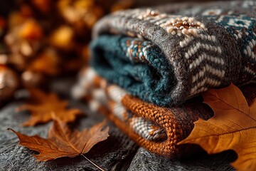 Cozy knitted sweaters and autumn leaves create warm comfort
