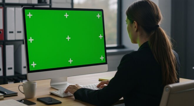 Woman working at green screen computer