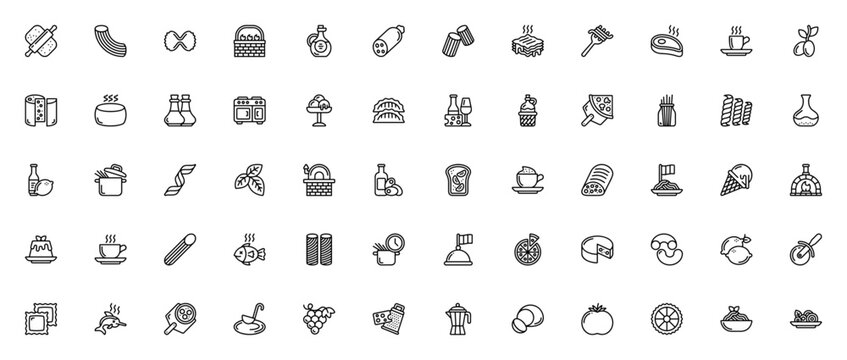 Italian food icon set. Vector illustration of culinary symbols including pizza, pasta, wine, espresso, gelato, olive oil, and more. Editable stroke.