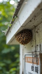 Wasp nest with warning sign near roof structure