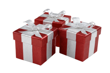 Three small, square gift boxes, red with white stripes and bows
