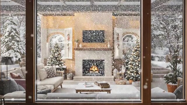 Warm and Cozy Christmas Living Room Seen Through a Snowy Window with Falling Snow and Festive Holiday Decorations