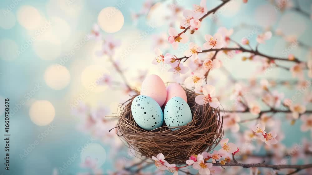 Poster a nest with pastel eggs rests on blooming cherry branches, creating a serene spring scene with soft 