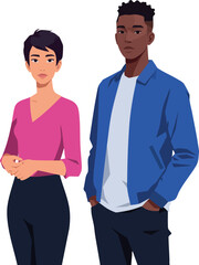 Fototapeta premium Diverse young man and woman standing together casual clothing vector illustration 