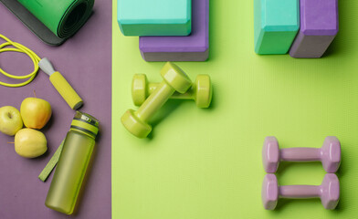 green purple fitness background with accessories