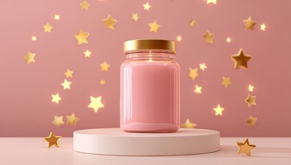 Pink jar with gold lid on a pedestal with floating golden stars