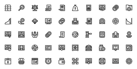 Investment icon set. Financial vector symbols collection. Features gold ingots, stocks, cryptocurrency, portfolio, profit, safety, and more. Editable line icons.