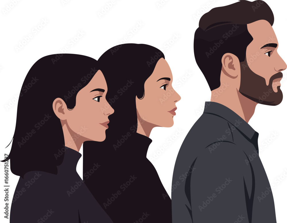 Poster profile view of three diverse people standing in row looking forward vector illustration