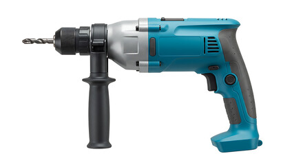 Teal and Silver Power Drill with Auxiliary Handle on White Background
