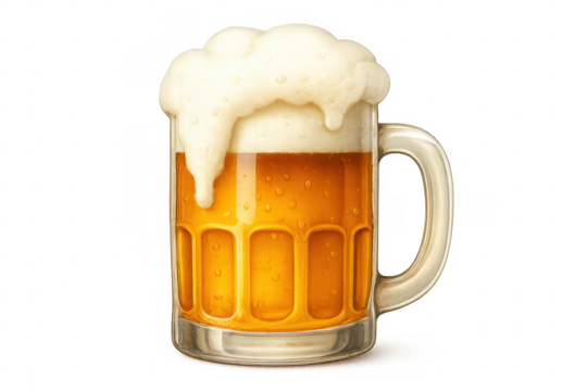 Refreshing golden beer overflowing with foam in glass mug on transparent background