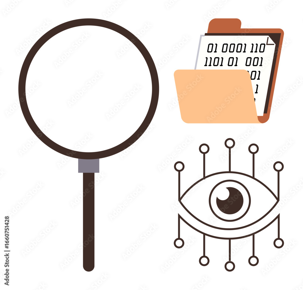 Fototapete magnifying glass with folder of binary code and eye with circuit lines representing analysis, digita