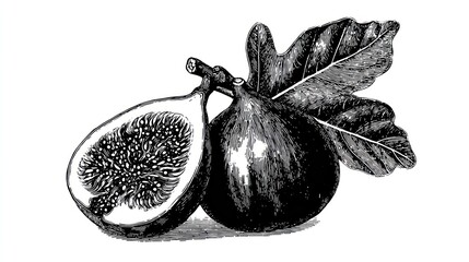 Ink drawing of figs, one whole and one halved, with leaf