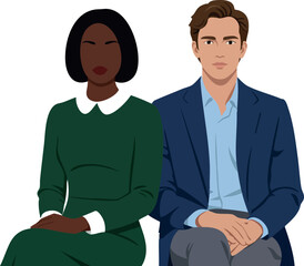 Fototapeta premium Diverse business man and woman sitting together in formal attire vector illustration 