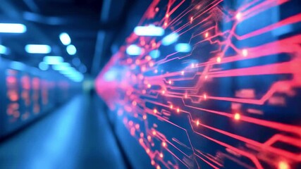 Abstract representation of digital circuitry illuminated in a futuristic corridor with glowing lines - Powered by Adobe