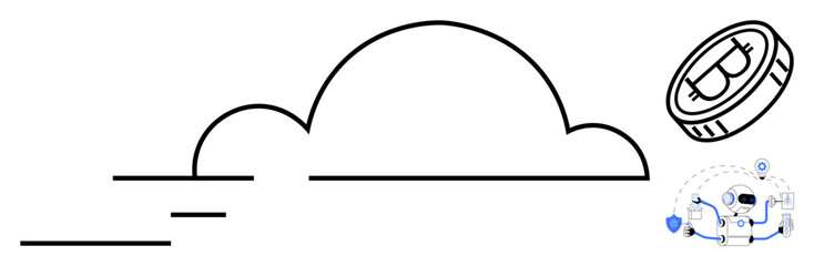 Cloud with abstract lines, Bitcoin coin, blockchain icons, and network nodes. Ideal for fintech, blockchain integration, cryptocurrency, cloud storage, digital economy decentralization simple flat