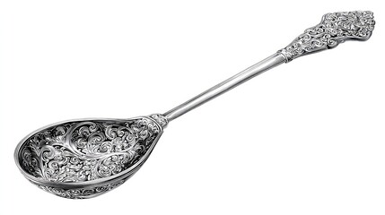 Ornate, silver spoon with floral carvings and curved handle on white back