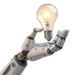 Innovative robotic hand presents glowing light bulb symbolizing brilliant ideas and futuristic technology solutions for business growth