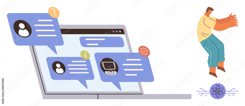 Poster laptop displaying chat bubbles with ai and user messages. person stepping over an abstract symbol. i