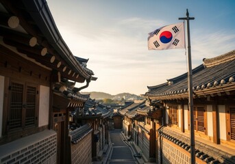 Traditional Korean Village Street with Flag, Architecture, and Cultural Heritage in Seoul, South Korea