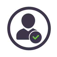 "Verified User Icon – Silhouette with Green Checkmark – Symbol of Approved Identity, Account Confirmation, and Successful Login – Flat Vector for UI/UX Dashboards, Authentication Systems, and Profile 