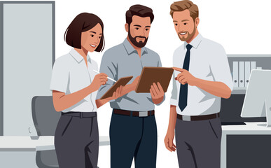 Business team collaborating in modern office with documents and discussion vector illustration 