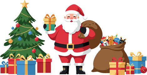 Santa Claus with Christmas gifts and decorated tree for festive holiday celebration 